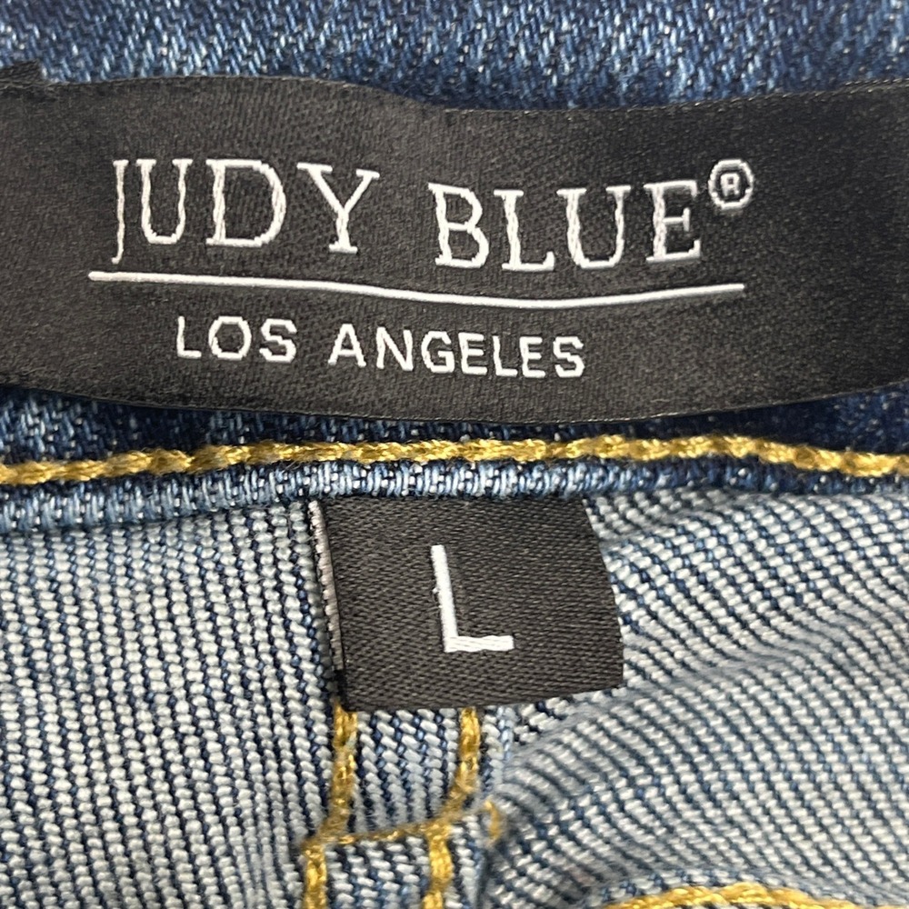 Judy Blue Distressed Denim Shorts L Stretch Raw Hem Mid Rise Festival Summer - Picture 10 of 11